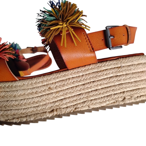 American Eagle Outfitters Brown Espadrille Sandals with Multicolor Pom Poms - Picture 3 of 12